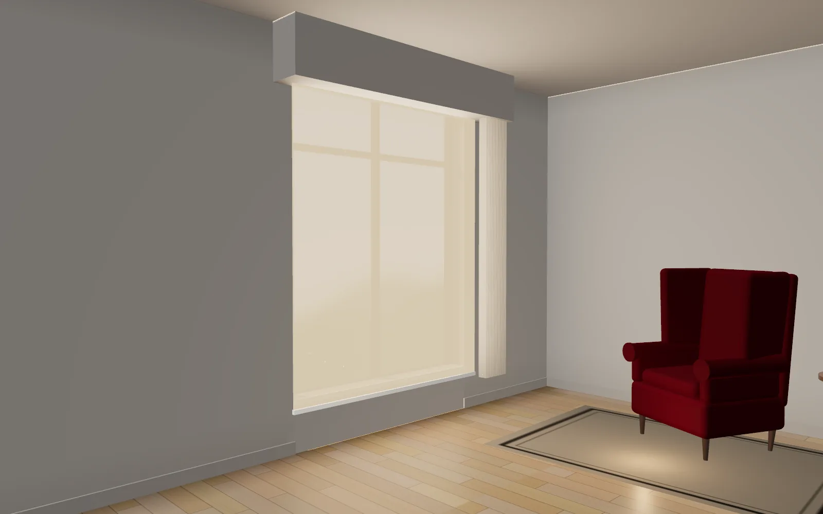 Illustration: a sunscreen roller blind lowered over the window, the room in soft shade.