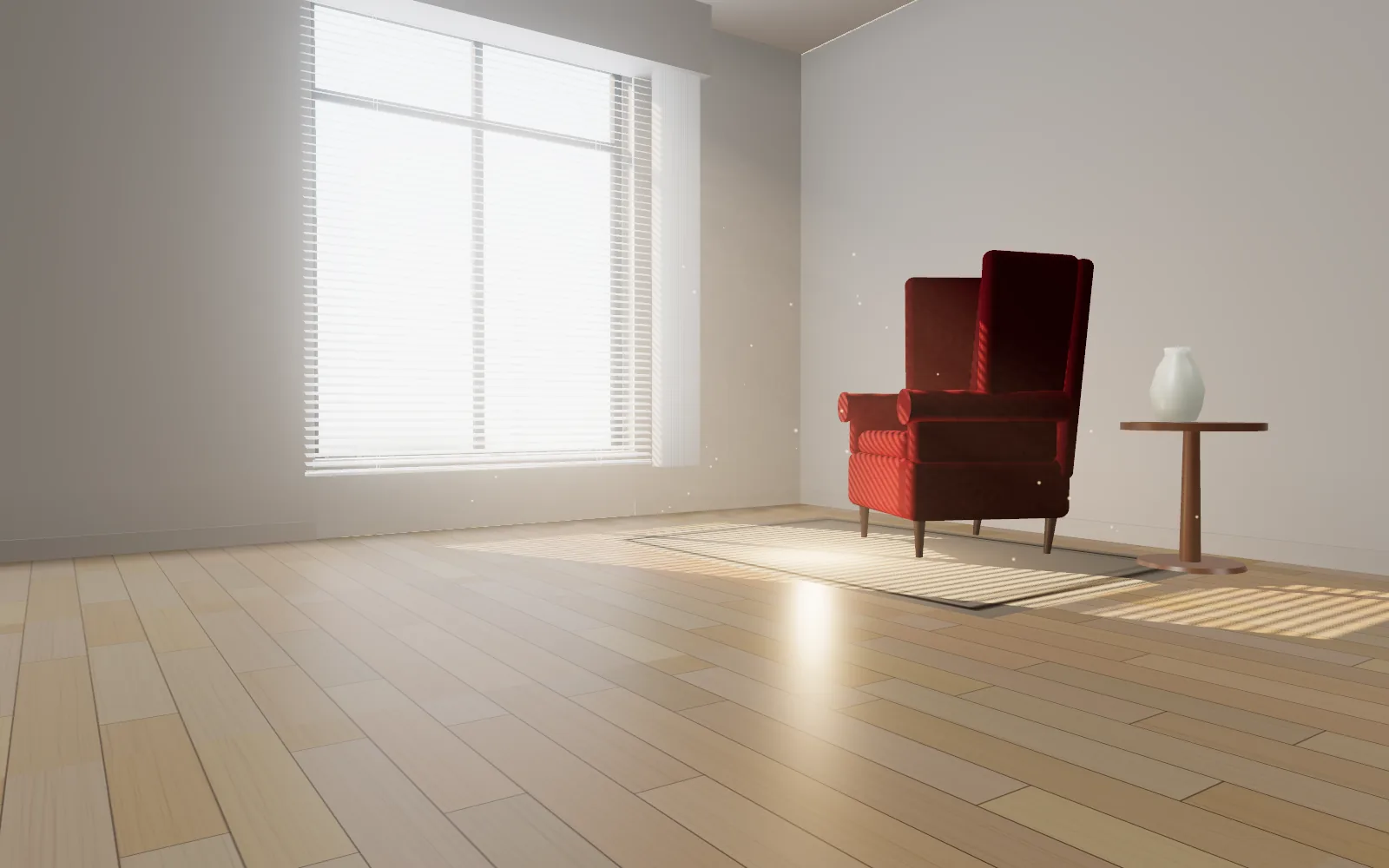 Illustration: aluminium venetian slats casting bars of sunlight across the floor and a red chair.
