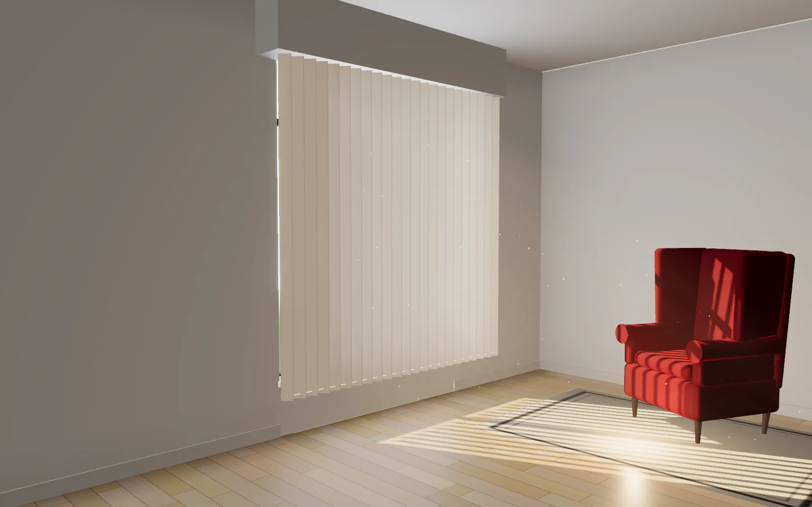 Illustration: vertical blinds turning, with stripes of sunlight across the floor and the chair.