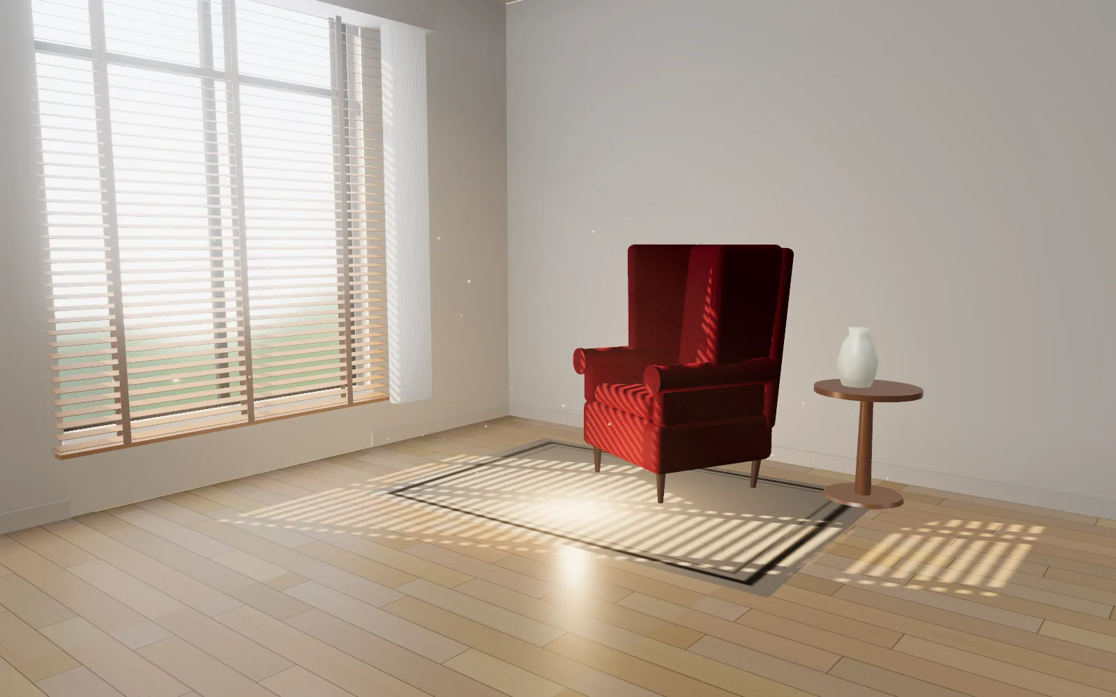 Illustration: wooden blinds casting warm bars of light across a rug and a red wingback chair.