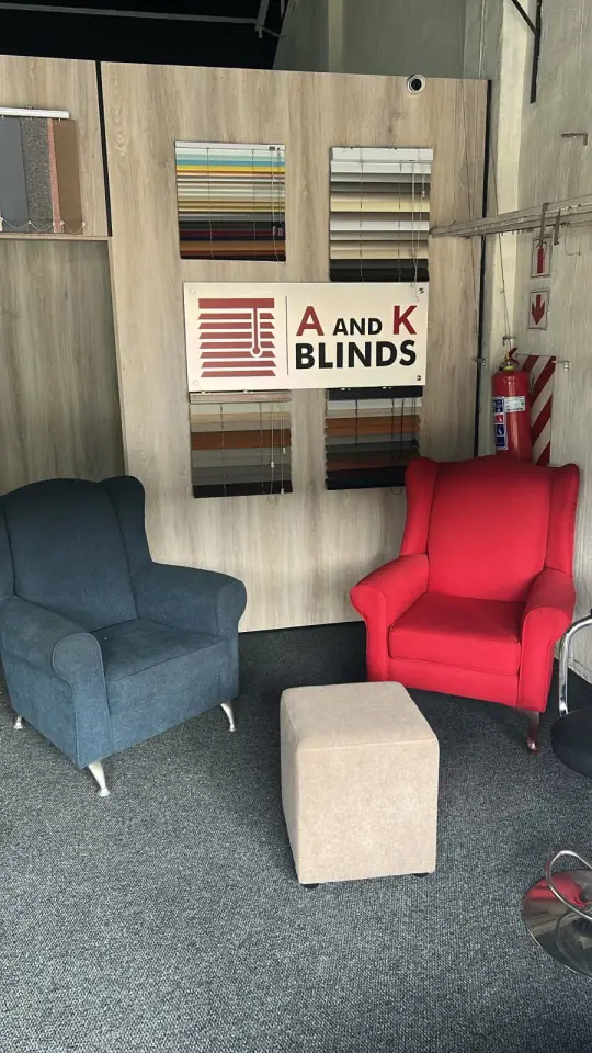 A corner of the showroom, with blind samples on the wall